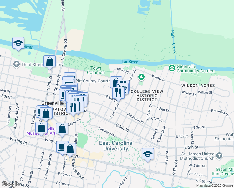 map of restaurants, bars, coffee shops, grocery stores, and more near 203 South Summit Street in Greenville