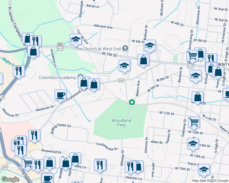 map of restaurants, bars, coffee shops, grocery stores, and more near 102 Dodson Drive in Columbia