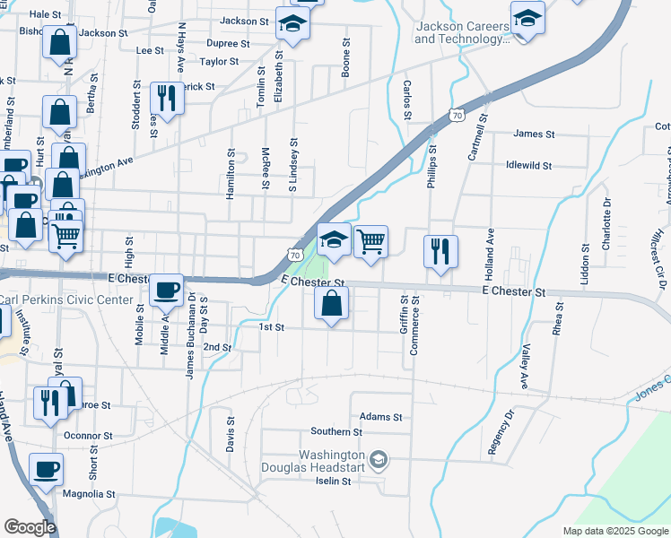 map of restaurants, bars, coffee shops, grocery stores, and more near 905 East Chester Street in Jackson