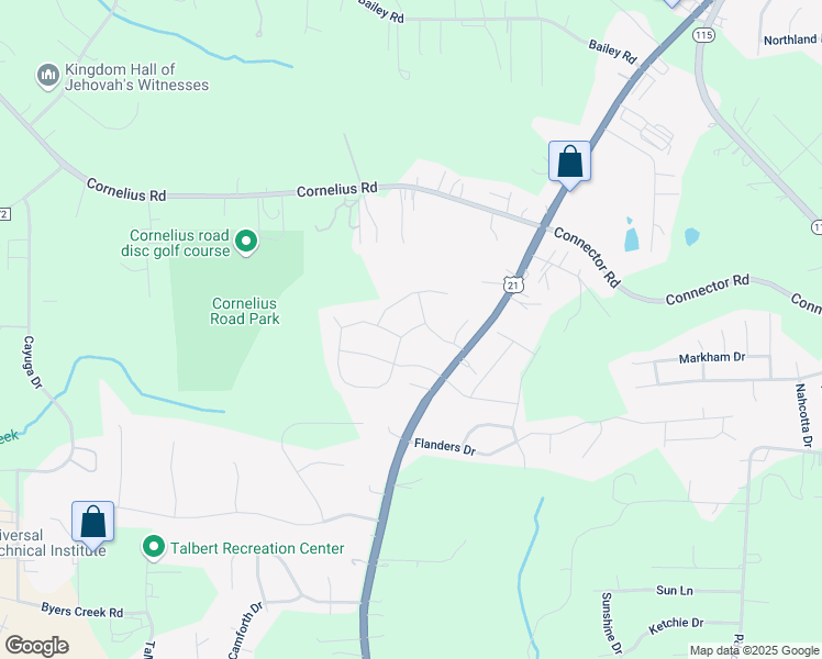 map of restaurants, bars, coffee shops, grocery stores, and more near 121 Wrangell Dr in Mooresville