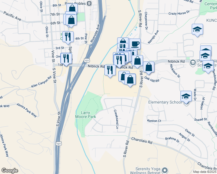 map of restaurants, bars, coffee shops, grocery stores, and more near River Walk in Paso Robles