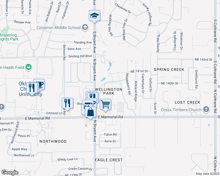 map of restaurants, bars, coffee shops, grocery stores, and more near 13937 Sterlington in Edmond
