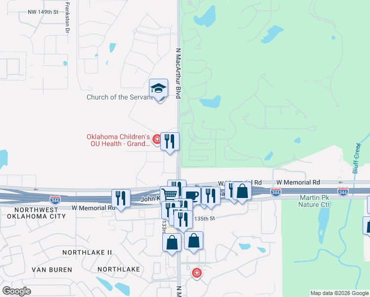 map of restaurants, bars, coffee shops, grocery stores, and more near 5740 Oliver Court in Oklahoma City