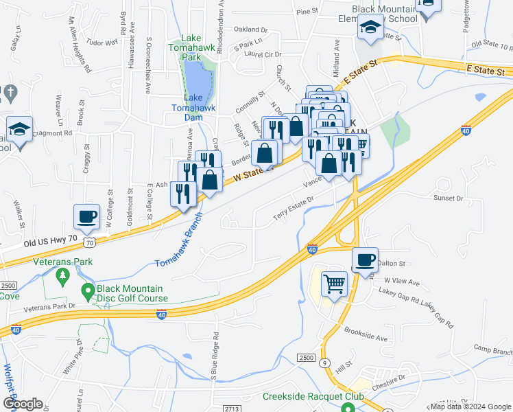 map of restaurants, bars, coffee shops, grocery stores, and more near 131 Vance Avenue in Black Mountain