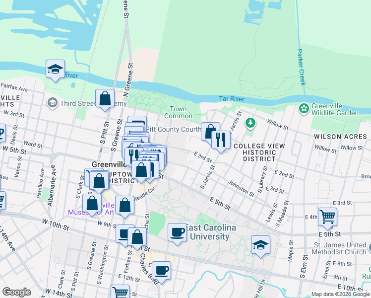 map of restaurants, bars, coffee shops, grocery stores, and more near 404 East 2nd Street in Greenville