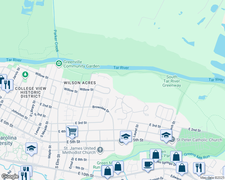 map of restaurants, bars, coffee shops, grocery stores, and more near 225A Wyndham Circle in Greenville