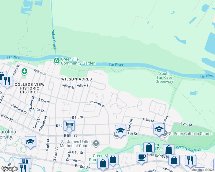 map of restaurants, bars, coffee shops, grocery stores, and more near 225A Wyndham Circle in Greenville