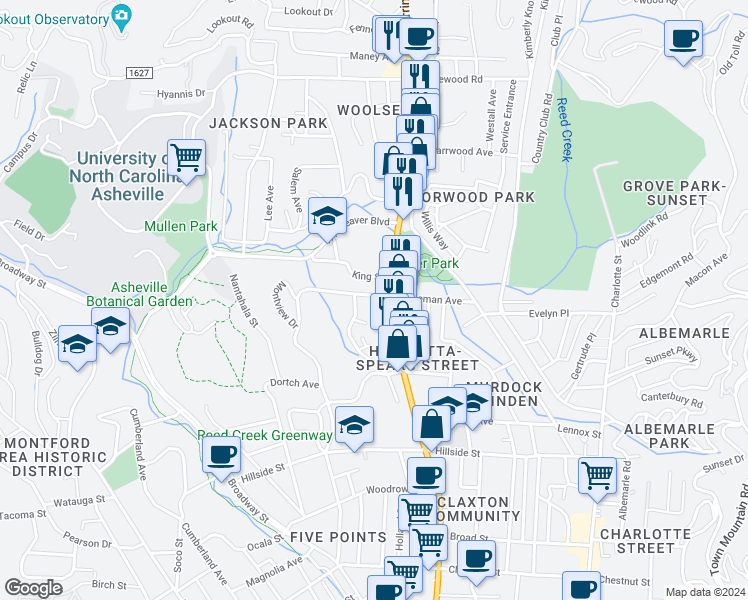 map of restaurants, bars, coffee shops, grocery stores, and more near 101 Coleman Avenue in Asheville