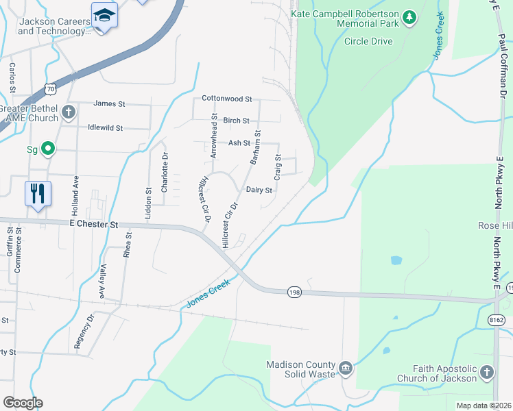 map of restaurants, bars, coffee shops, grocery stores, and more near 82 Dairy Street in Jackson
