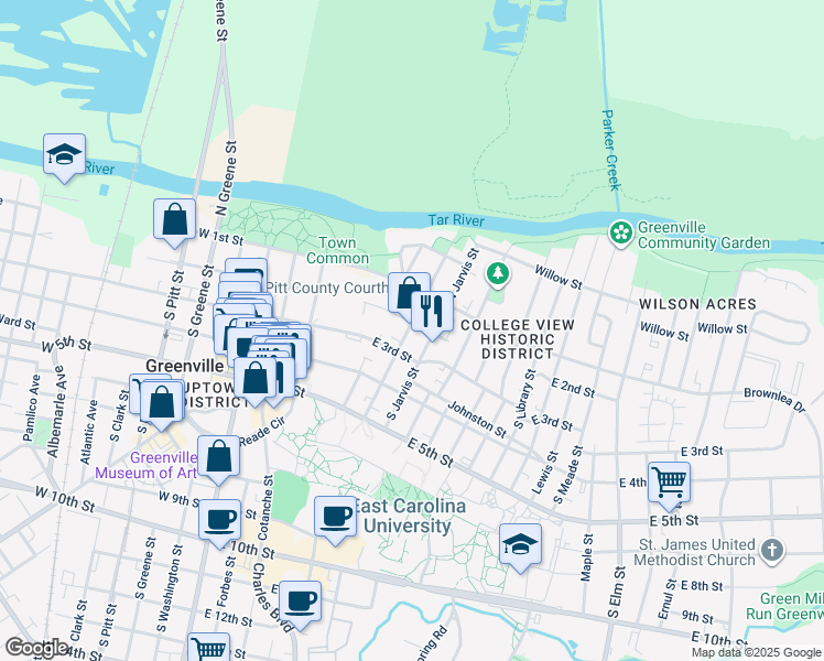 map of restaurants, bars, coffee shops, grocery stores, and more near in Greenville