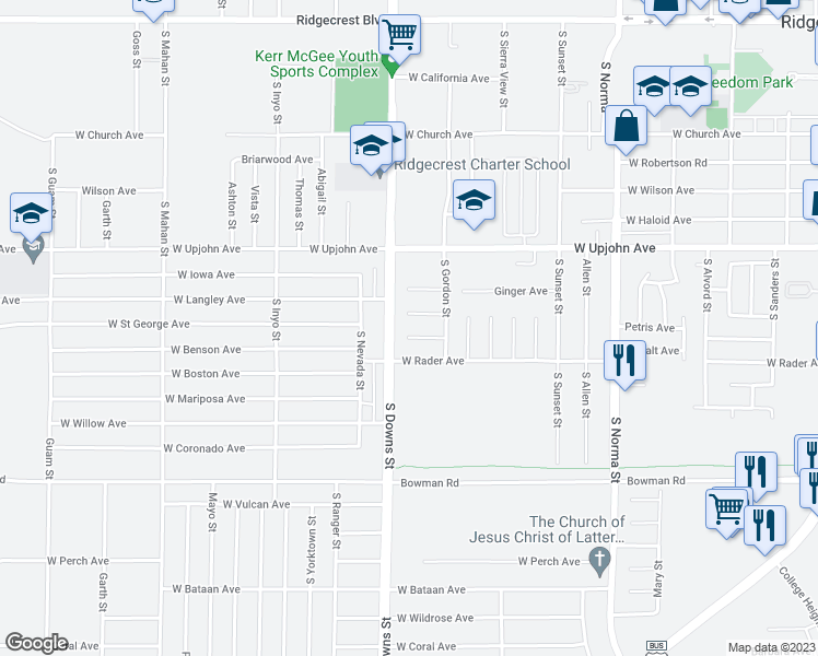 map of restaurants, bars, coffee shops, grocery stores, and more near 824 Victoria Court in Ridgecrest