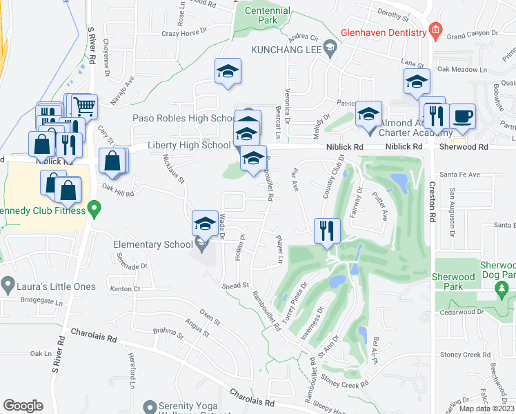 map of restaurants, bars, coffee shops, grocery stores, and more near 907 Moran Court in Paso Robles