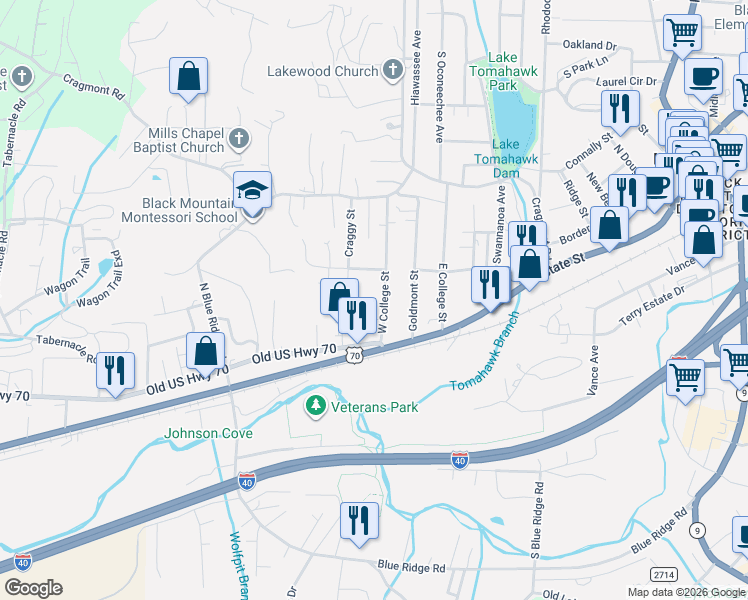 map of restaurants, bars, coffee shops, grocery stores, and more near 210 Craggy Street in Black Mountain