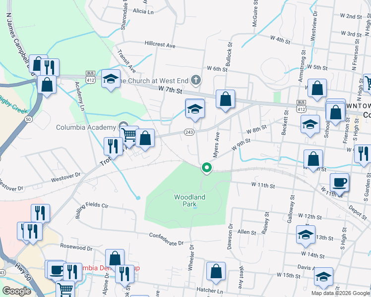 map of restaurants, bars, coffee shops, grocery stores, and more near 102 Dodson Drive in Columbia