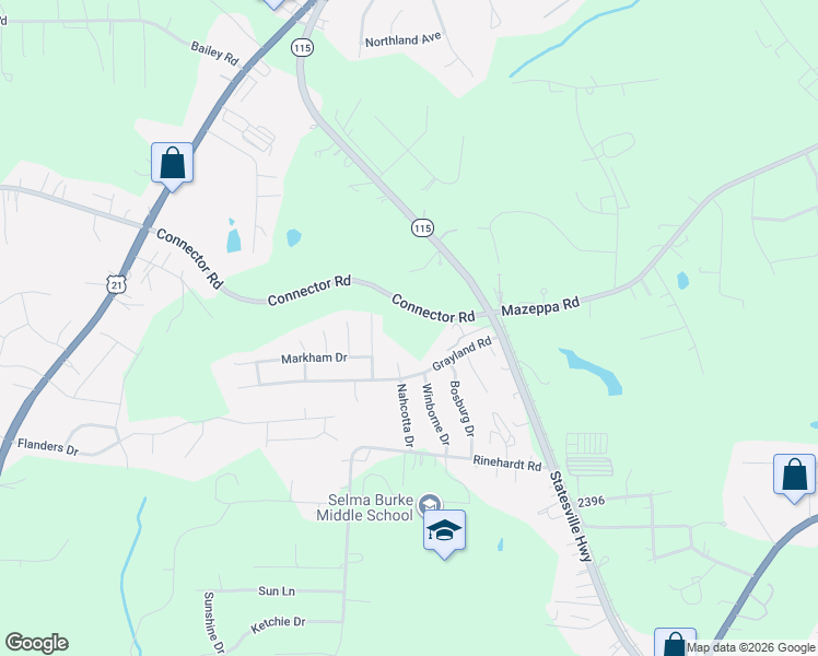 map of restaurants, bars, coffee shops, grocery stores, and more near Connector Road in Mooresville