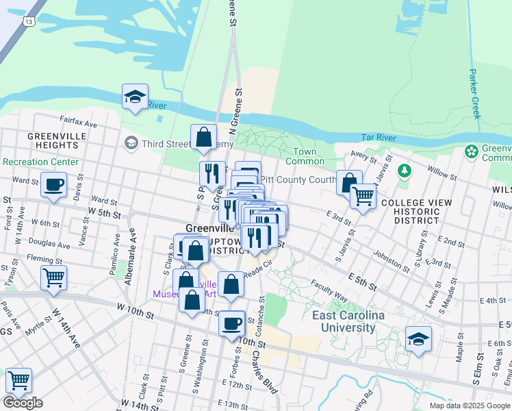map of restaurants, bars, coffee shops, grocery stores, and more near 315 Evans Street in Greenville