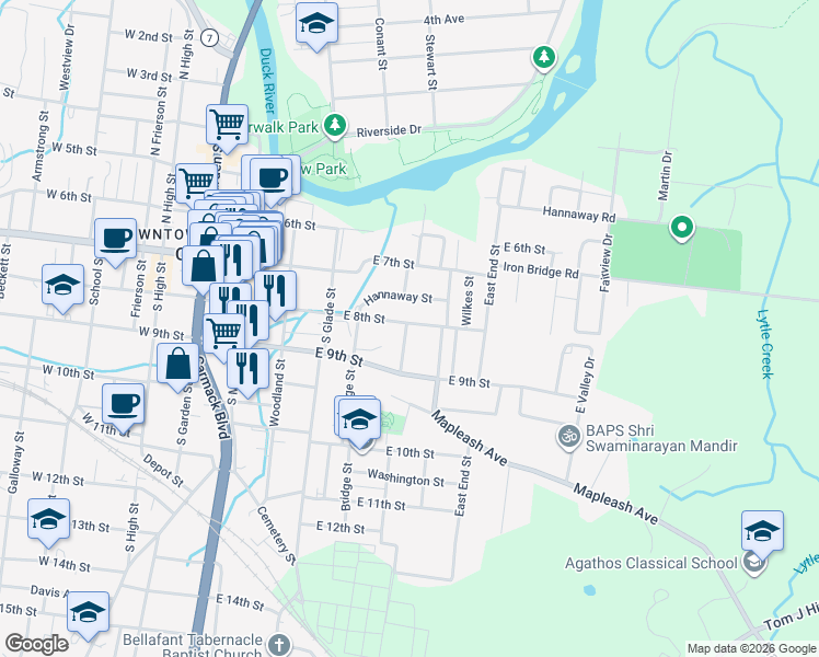 map of restaurants, bars, coffee shops, grocery stores, and more near 509 East 8th Street in Columbia