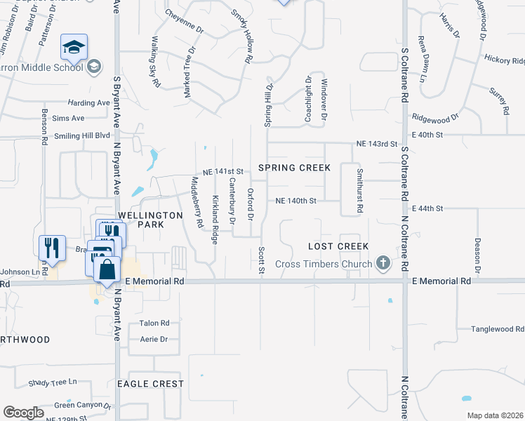 map of restaurants, bars, coffee shops, grocery stores, and more near 14016 Oxford Drive in Edmond
