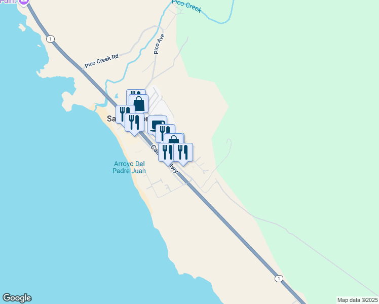 map of restaurants, bars, coffee shops, grocery stores, and more near 9186 Avonne Avenue in San Simeon