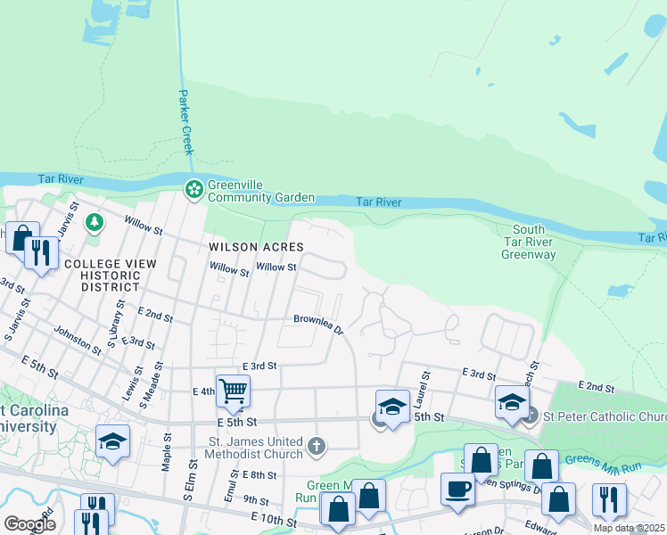 map of restaurants, bars, coffee shops, grocery stores, and more near 208 Wyndham Circle in Greenville