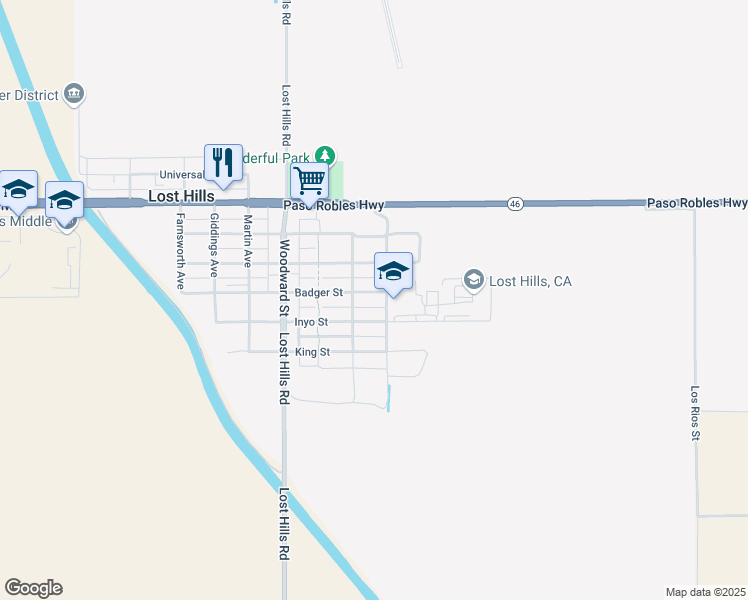 map of restaurants, bars, coffee shops, grocery stores, and more near 21367 Badger Street in Lost Hills