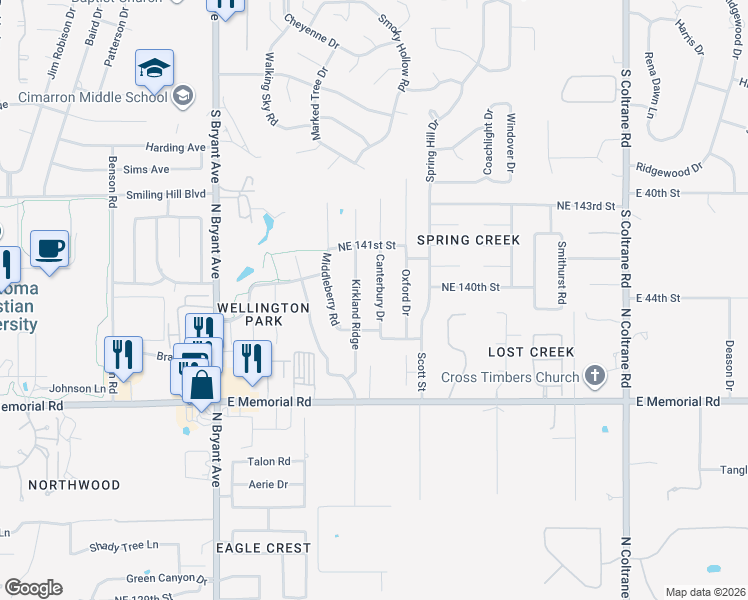 map of restaurants, bars, coffee shops, grocery stores, and more near 14017 Canterbury Drive in Edmond