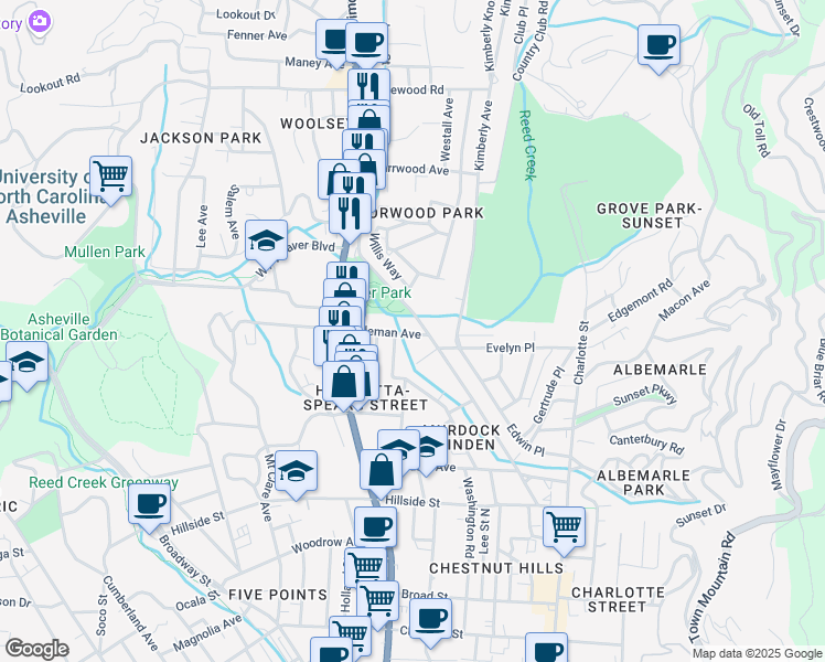 map of restaurants, bars, coffee shops, grocery stores, and more near 10 Coleman Avenue in Asheville