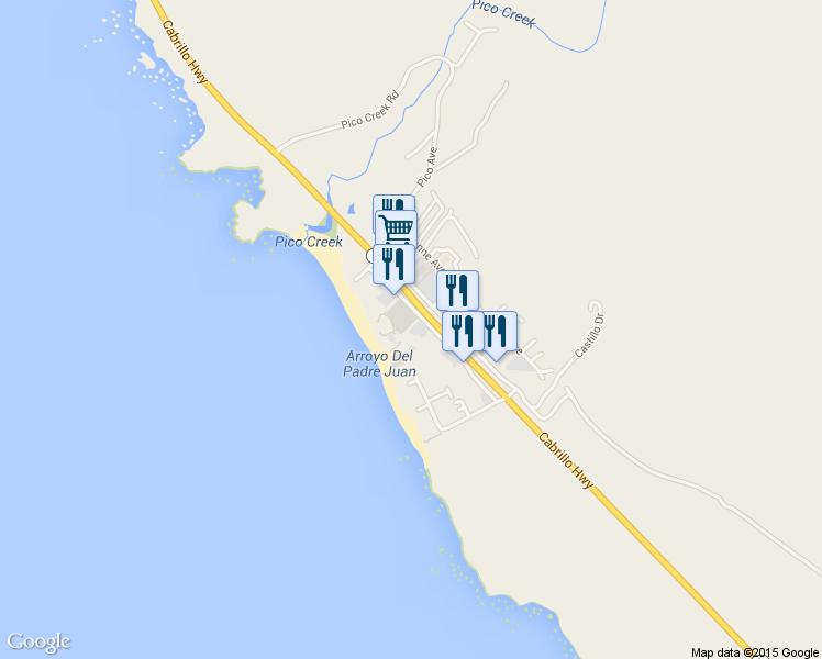 map of restaurants, bars, coffee shops, grocery stores, and more near San Simeon Avenue in San Simeon