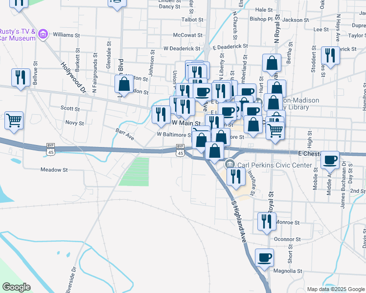 map of restaurants, bars, coffee shops, grocery stores, and more near 211 West Chester Street in Jackson