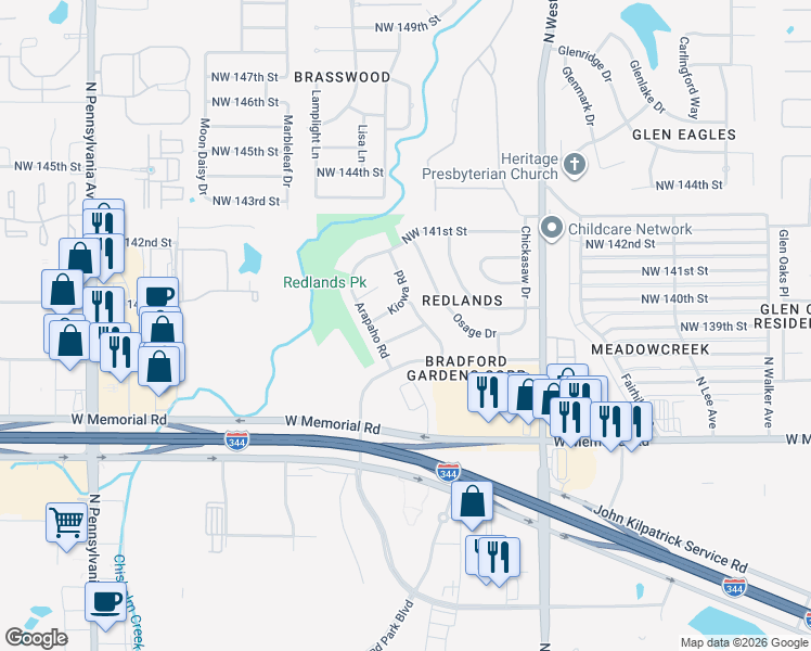 map of restaurants, bars, coffee shops, grocery stores, and more near 1408 Kiowa Road in Edmond