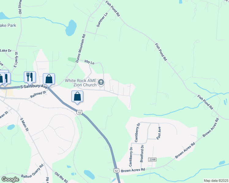 map of restaurants, bars, coffee shops, grocery stores, and more near White Rock Avenue in Salisbury