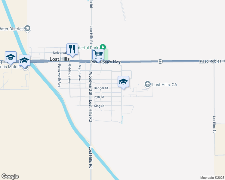 map of restaurants, bars, coffee shops, grocery stores, and more near 21351 Badger Street in Lost Hills