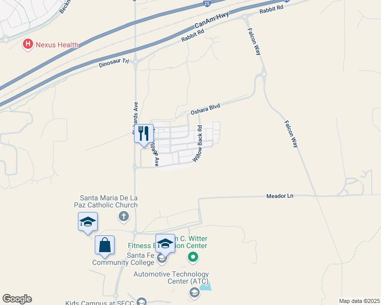 map of restaurants, bars, coffee shops, grocery stores, and more near 34 Craftsman Road in Santa Fe