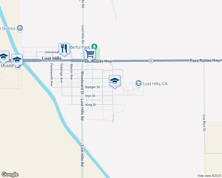 map of restaurants, bars, coffee shops, grocery stores, and more near 21375 Badger Street in Lost Hills
