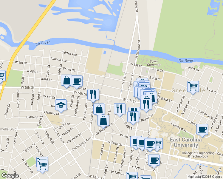 map of restaurants, bars, coffee shops, grocery stores, and more near 417 West 4th Street in Greenville