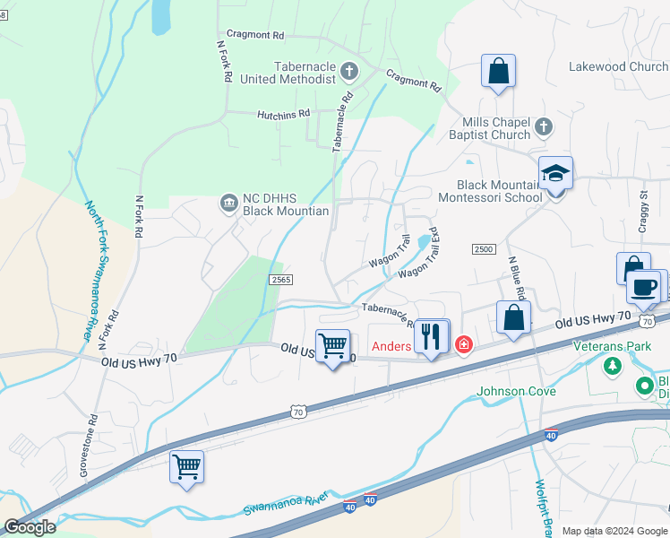 map of restaurants, bars, coffee shops, grocery stores, and more near 200 Tabernacle Road in Black Mountain