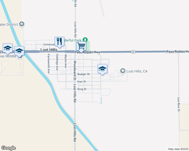 map of restaurants, bars, coffee shops, grocery stores, and more near 21355 Badger Street in Lost Hills