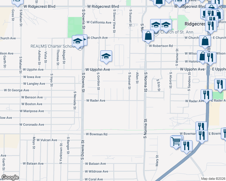 map of restaurants, bars, coffee shops, grocery stores, and more near 609 Heather Court in Ridgecrest