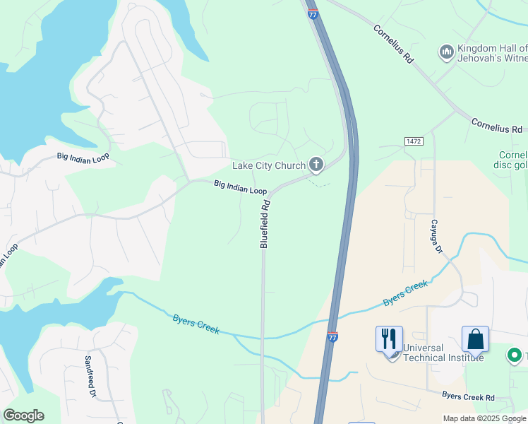 map of restaurants, bars, coffee shops, grocery stores, and more near Bluefield Road in Mooresville