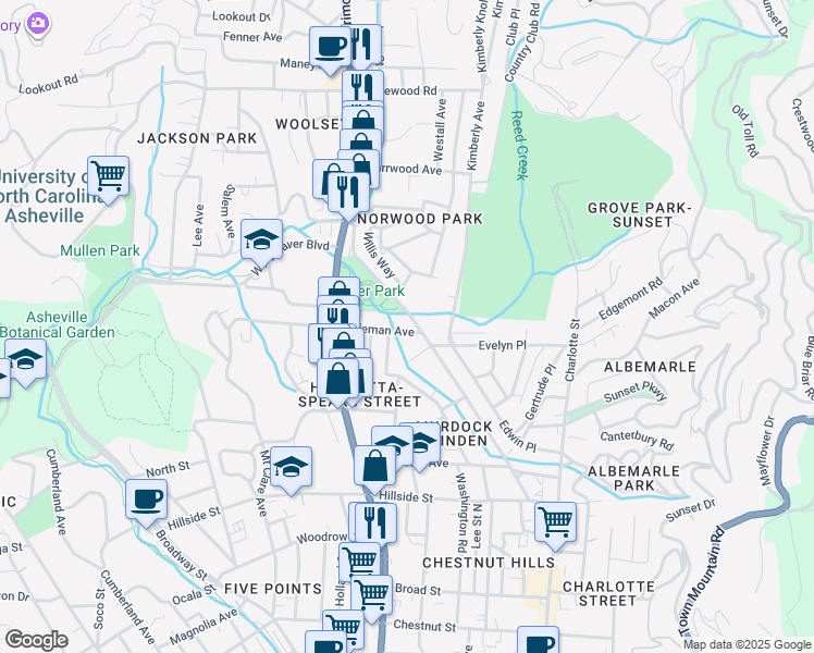 map of restaurants, bars, coffee shops, grocery stores, and more near 22 1/2 Coleman Avenue in Asheville