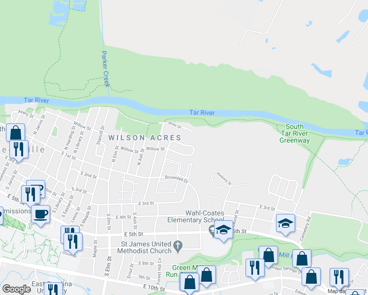 map of restaurants, bars, coffee shops, grocery stores, and more near 210 Wyndham Circle in Greenville