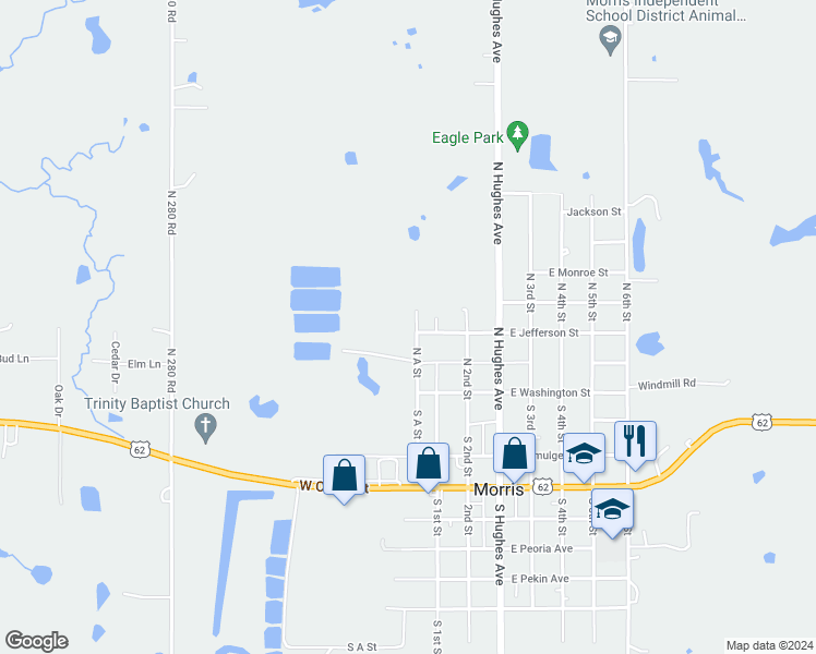 map of restaurants, bars, coffee shops, grocery stores, and more near 400 North A Street in Morris