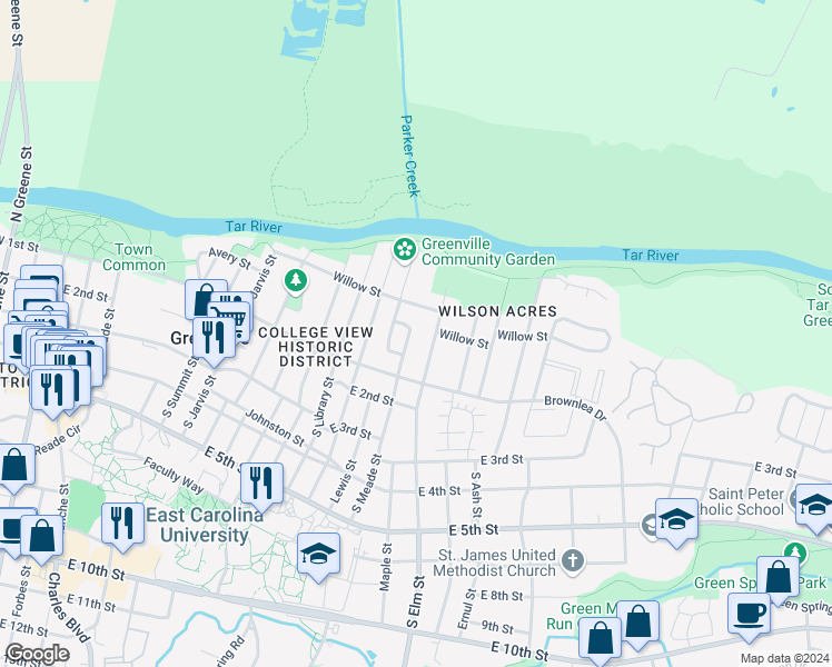 map of restaurants, bars, coffee shops, grocery stores, and more near 117 North Elm Street in Greenville