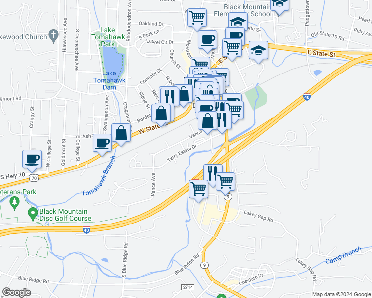map of restaurants, bars, coffee shops, grocery stores, and more near 72 Vance Avenue in Black Mountain