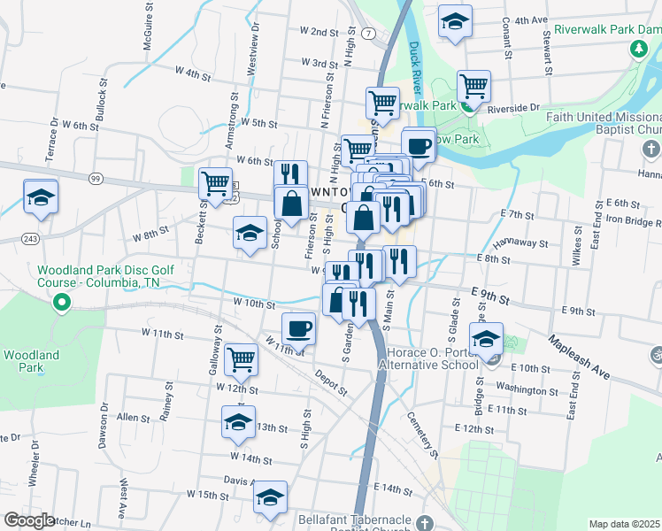 map of restaurants, bars, coffee shops, grocery stores, and more near 911 South High Street in Columbia