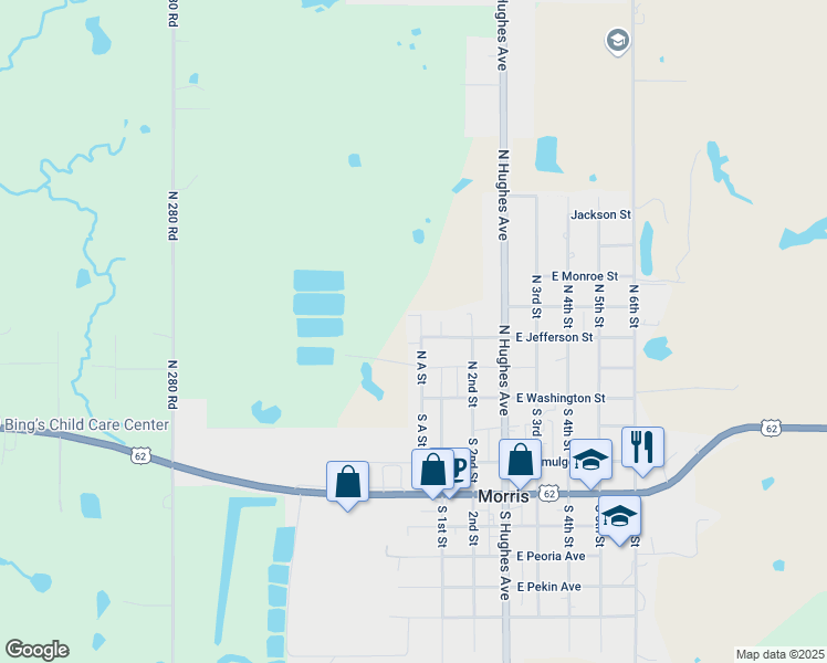 map of restaurants, bars, coffee shops, grocery stores, and more near 400 North A Street in Morris