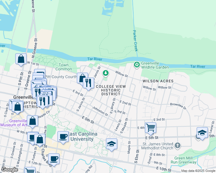 map of restaurants, bars, coffee shops, grocery stores, and more near in Greenville