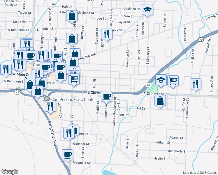 map of restaurants, bars, coffee shops, grocery stores, and more near 204 South Hays Avenue in Jackson