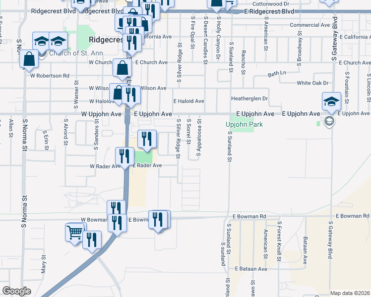 map of restaurants, bars, coffee shops, grocery stores, and more near 608 South Sorrel Street in Ridgecrest