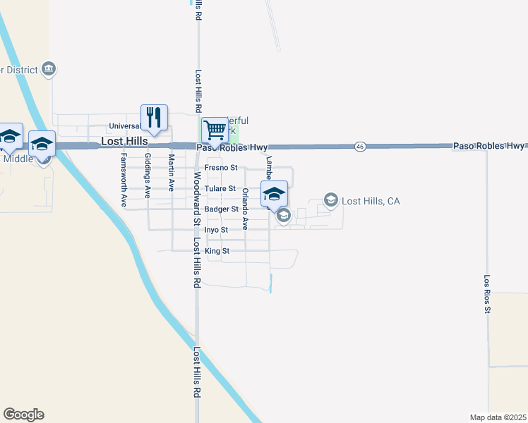 map of restaurants, bars, coffee shops, grocery stores, and more near 21355 Badger Street in Lost Hills